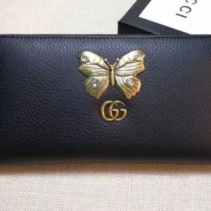 Replica Gucci 499363 Leather zip around wallet with butterfly Black