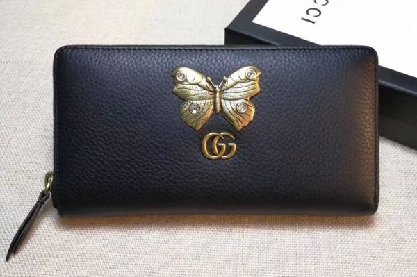 Replica Gucci 499363 Leather zip around wallet with butterfly Black