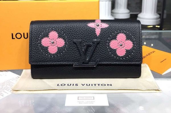 Replica Louis Vuitton M63211 LV Taurillon Leather Capucines Wallet Black And Pink