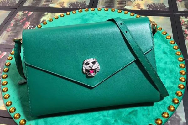 Replica Gucci 527857 Feline Head With Crystals Medium Shoulder Bag Green Leather