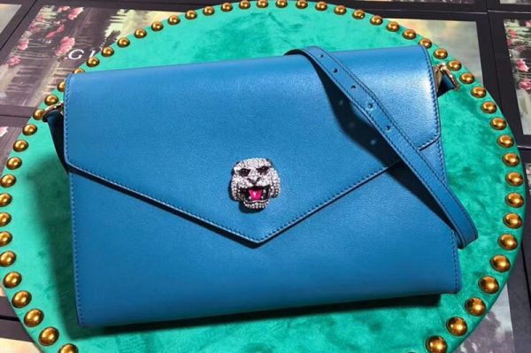 Replica Gucci 527857 Feline Head With Crystals Medium Shoulder Bag Blue Leather