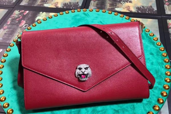 Replica Gucci 527857 Feline Head With Crystals Medium Shoulder Bag Red Leather