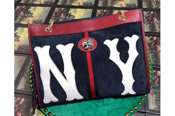 Replica Gucci 537219 Rajah Large Tote with NY Yankees patch Bags Suede Leather Dark Blue