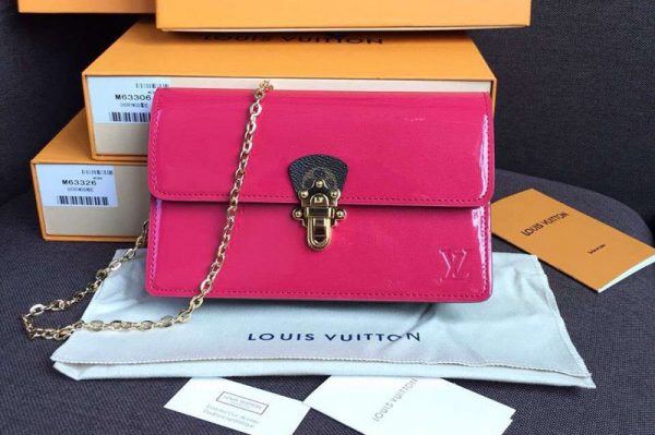 Replica Louis Vuitton M63305 Cherrywood Chain Wallet Bags Rosy Patent calf leather with Monogram canvas