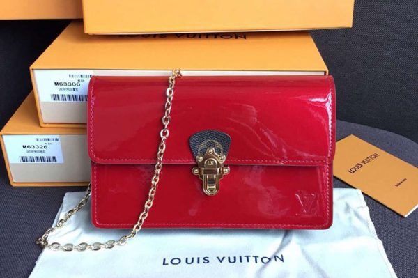 Replica Louis Vuitton M63305 Cherrywood Chain Wallet Bags Red Patent calf leather with Monogram canvas