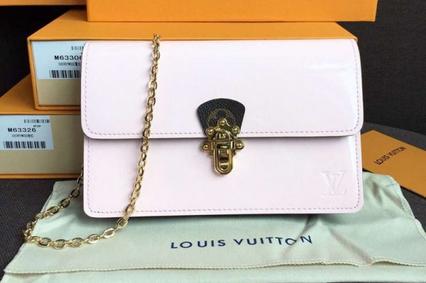 Replica Louis Vuitton M63306 Cherrywood Chain Wallet Bags Rose Ballerine Patent calf leather with Monogram canvas