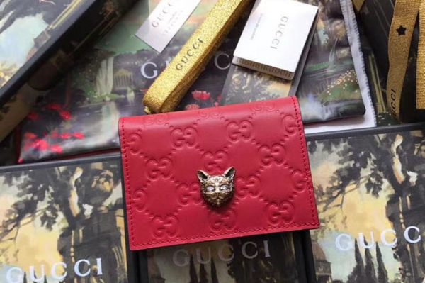 Replica Gucci 548057 Signature card case with cat Red Leather