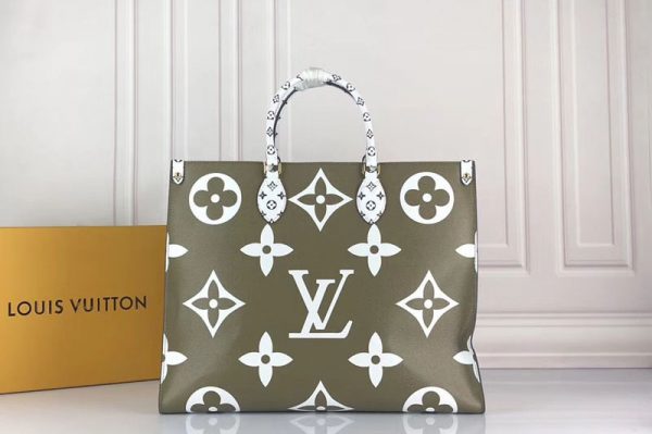 Replica Louis Vuitton M44571 LV Onthego tote bags Monogram coated canvas Khaki Green/White/Beige/Crème Beige