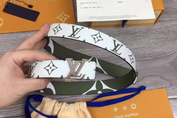 Replica Louis Vuitton M0151U LV Iconic 30mm Reversible Belt Khaki Green/Beige Monogram canvas Silver Hardware