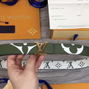 Replica Louis Vuitton M0151U LV Iconic 30mm Reversible Belt Khaki Green/Beige Monogram canvas Gold Hardware