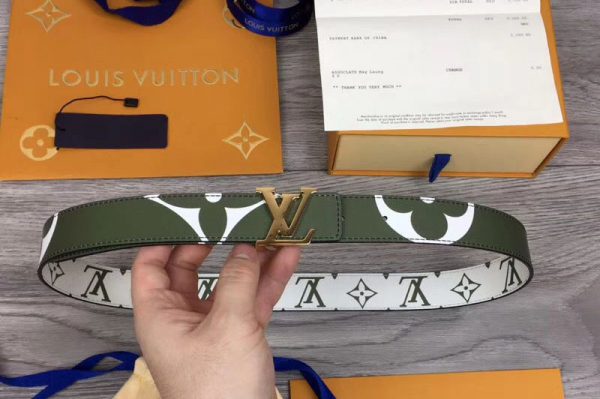 Replica Louis Vuitton M0151U LV Iconic 30mm Reversible Belt Khaki Green/Beige Monogram canvas Gold Hardware