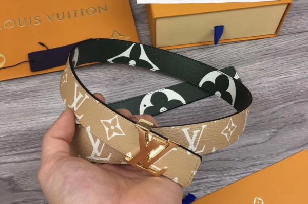 Replica Louis Vuitton M0151U LV Iconic 30mm Reversible Belt Green/Brown Monogram canvas Gold Hardware