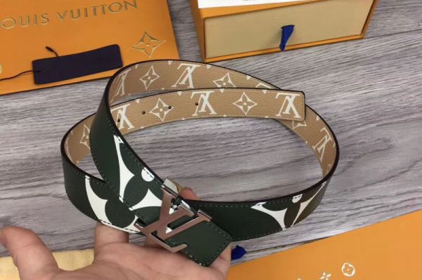 Replica Louis Vuitton M0151U LV Iconic 30mm Reversible Belt Green/Brown Monogram canvas Silver Hardware