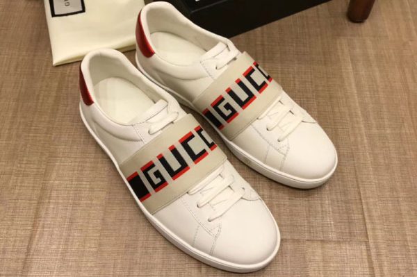 Replica Gucci ‎523469 Stripe leather sneaker White Leather Mens and Women Size