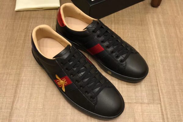 Replica Gucci ‎431942 Ace embroidered sneaker With Bee Black Leather Mens and Women Size