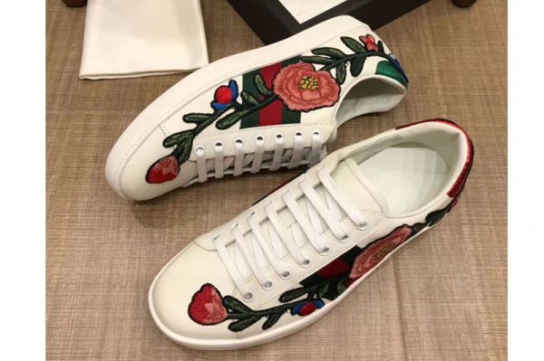 Replica Gucci ‎431917 Ace embroidered sneaker embroidered floral White Leather Mens and Women Size