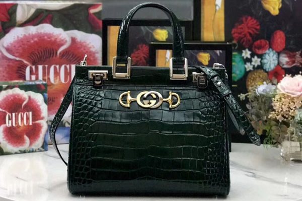 Replica Gucci 569712 Zumi Leather small top handle bags Black Green Leather