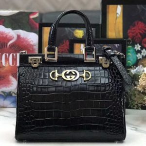 Replica Gucci 569712 Zumi Leather small top handle bags Black Crocodile Leather