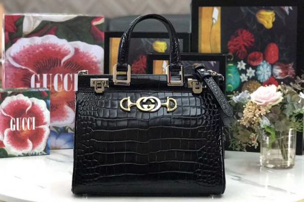 Replica Gucci 569712 Zumi Leather small top handle bags Black Crocodile Leather