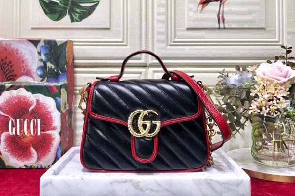 Replica Gucci 583571 GG Marmont mini top handle bags Black leather