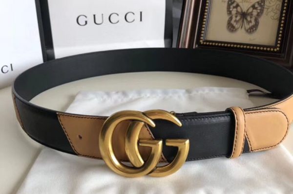 Replica Gucci 582348 40cm Leather belt with Double G buckle Black and Tan Leather