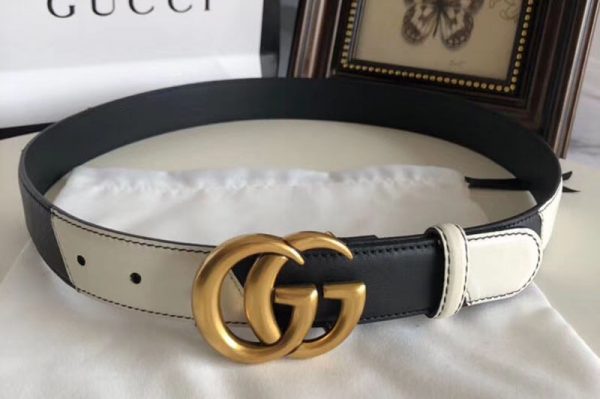 Replica Gucci 582348 30cm Leather belt with Double G buckle Black and White Leather