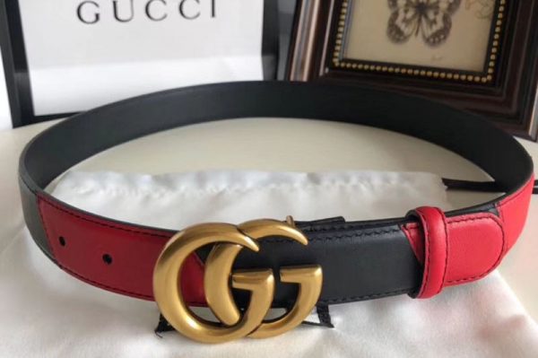 Replica Gucci 582348 30cm Leather belt with Double G buckle Black and Red Leather