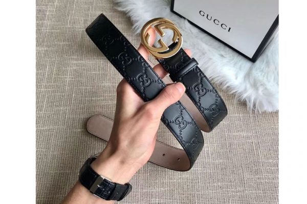 Replica Gucci 409417 35mm Signature leather belt Black Leather Gold G buckle