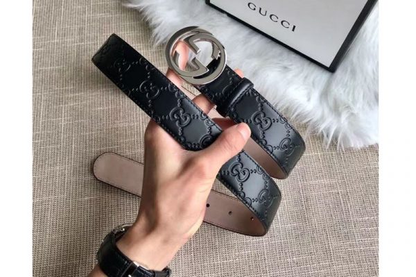 Replica Gucci 409417 35mm Signature leather belt Black Leather Silver G buckle