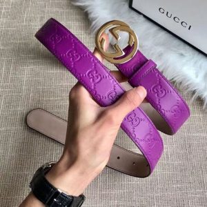 Replica Gucci 409417 35mm Signature leather belt Purple Leather Gold G buckle