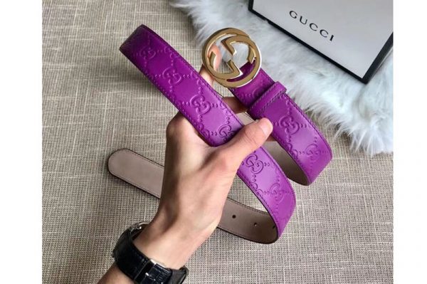 Replica Gucci 409417 35mm Signature leather belt Purple Leather Gold G buckle