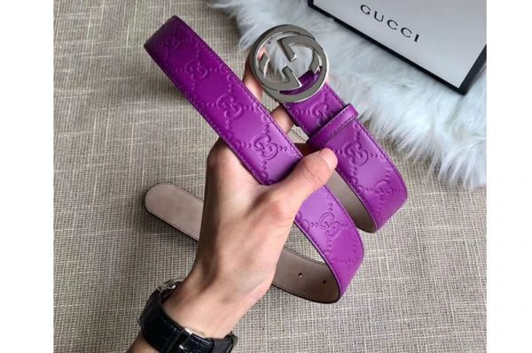 Replica Gucci 409417 35mm Signature leather belt Purple Leather Silver G buckle