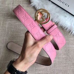 Replica Gucci 409417 35mm Signature leather belt Gold G buckle Pink Leather