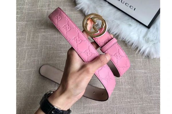 Replica Gucci 409417 35mm Signature leather belt Gold G buckle Pink Leather