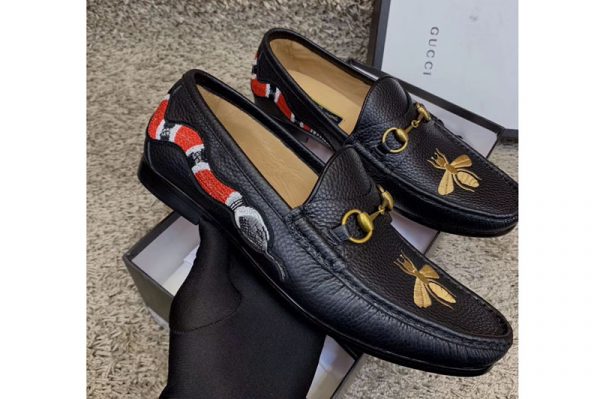 Replica Gucci Leather Horsebit loafer with Bee Print Black Leather