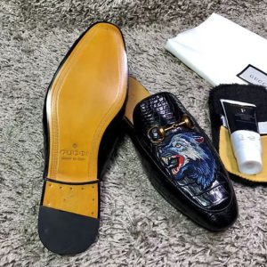 Replica Gucci ‎457135 Princetown embroidered slipper with wolf print Black Real Crocodile Leather