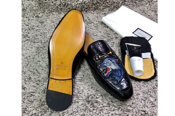 Replica Gucci ‎457135 Princetown embroidered slipper with wolf print Black Real Crocodile Leather