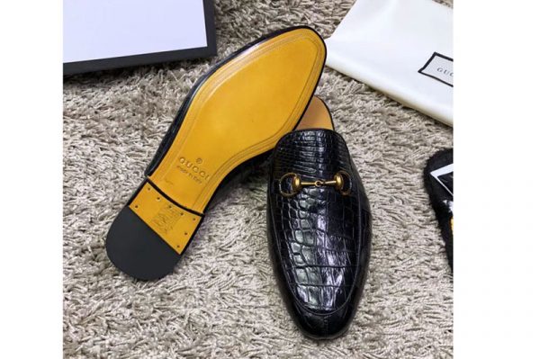 Replica Gucci ‎426219 Leather Horsebit slipper and shoes Black Real Crocodile Leather