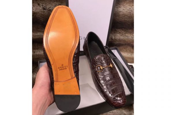 Replica Gucci 526297 Horsebit leather loafer and shoes Brown Real Crocodile Leather