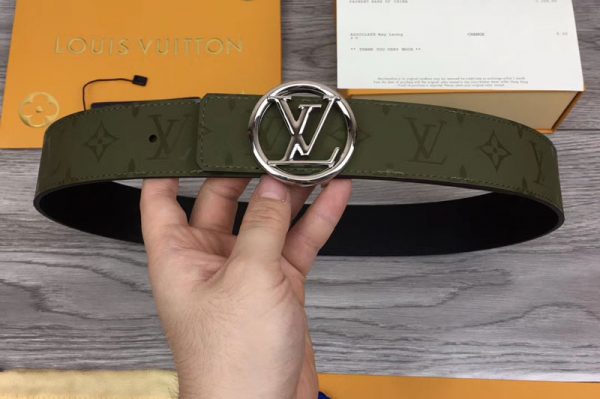 Replica Louis Vuitton M0171 LV Pyramide 40mm Reversible Belt Green Calf Leather Silver Circle LV Buckle