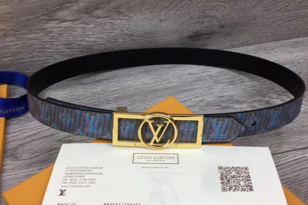 Replica Louis Vuitton MP136W LV Dauphine 25mm Reversible belts Blue/Navy Blue Monogram LV POP Print Gold Buckle