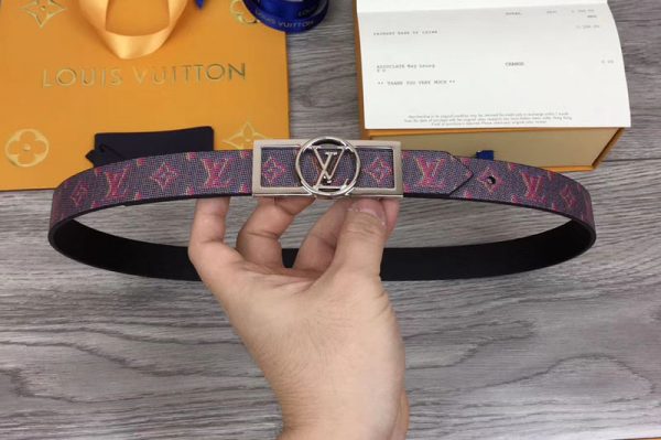 Replica Louis Vuitton MP139W LV Dauphine 25mm Reversible belts Pink/Black Monogram LV POP Print Silver Buckle