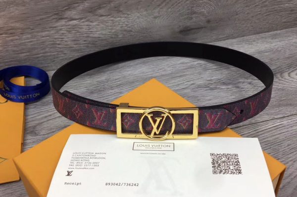 Replica Louis Vuitton MP139W LV Dauphine 25mm Reversible belts Pink/Black Monogram LV POP Print Gold Buckle