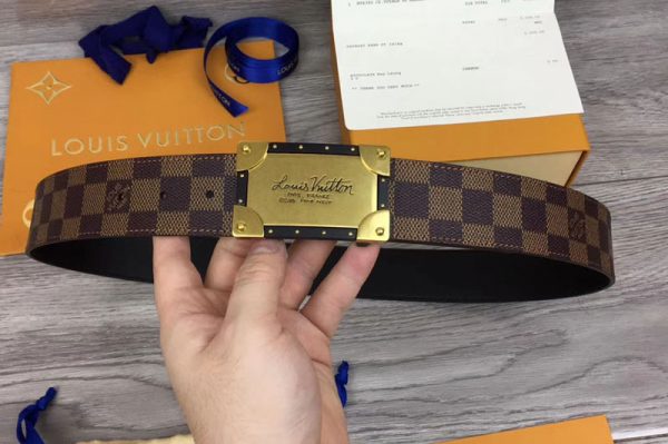 Replica Louis Vuitton M0185U LV Neo Trunk 40mm Reversible Belt Damier Ebene Canvas Gold Buckle