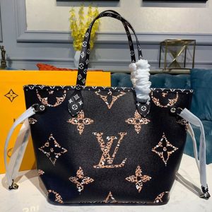 Replica Louis Vuitton M44676 LV Neverfull MM tote bag Black and Caramel Monogram Canvas