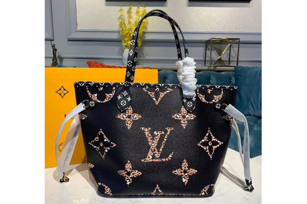 Replica Louis Vuitton M44676 LV Neverfull MM tote bag Black and Caramel Monogram Canvas