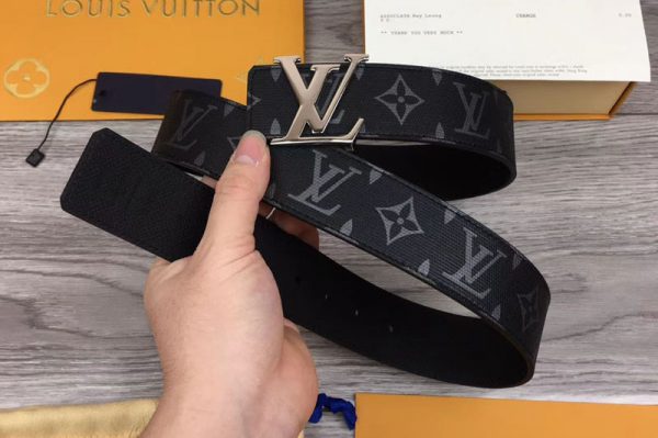 Replica Louis Vuitton MP130V LV Initiales 40mm Reversible Belt Monogram Eclipse canvas and Taiga Leather Silver LV Buckle