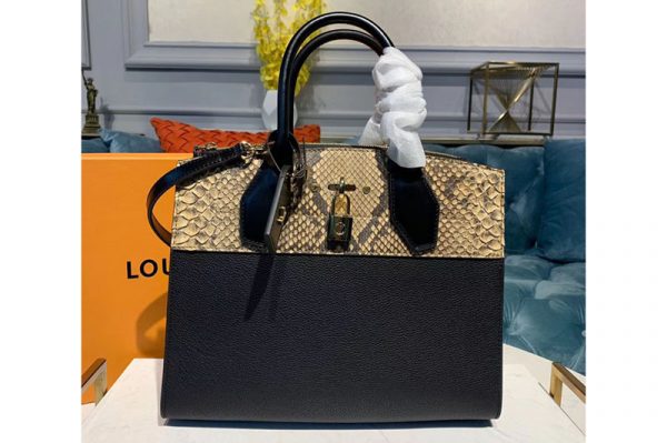 Replica Louis Vuitton N95924 LV City Steamer MM handbags Black Grained calfskin and python leather