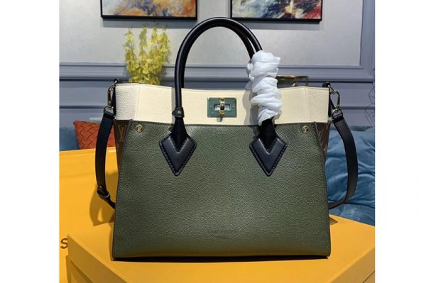 Replica Louis Vuitton M55302 LV On My Side tote bags Green Calf leather and Monogram canvas