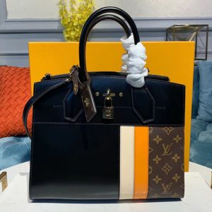 Replica Louis Vuitton M55433 LV City Steamer PM handbags Black/Yellow/Beige Calf leather and Monogram Canvas